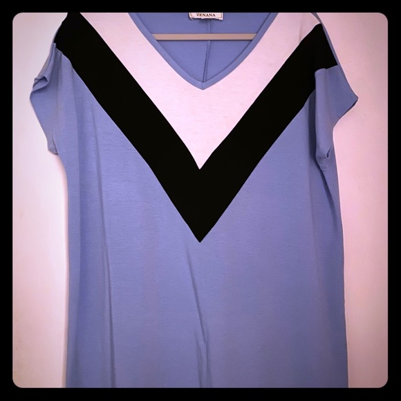 Blue with black & white block short sleeve top - Picture 1 of 2